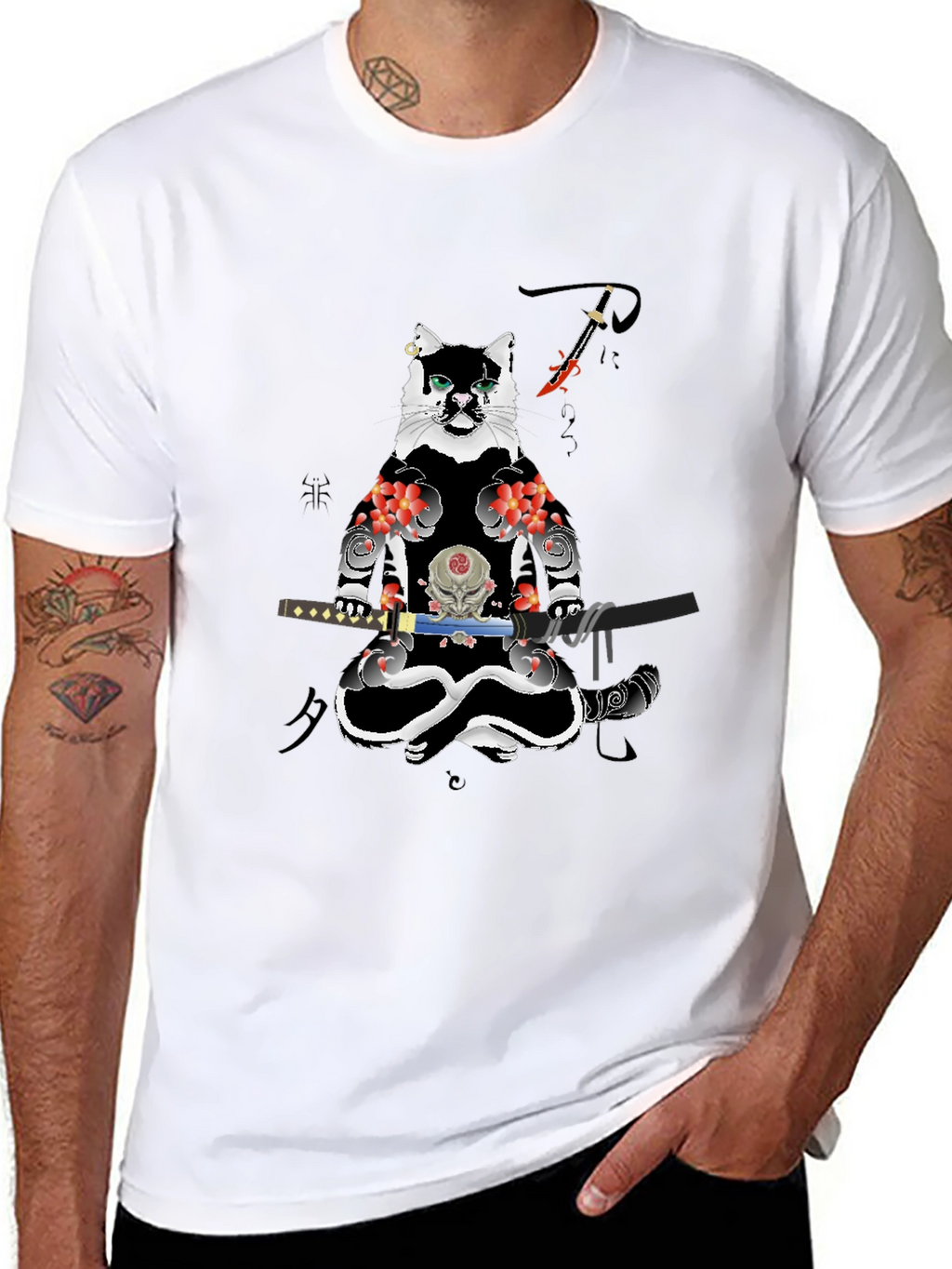 Samurai Cat T-Shirt - Black Cotton Blend Tee