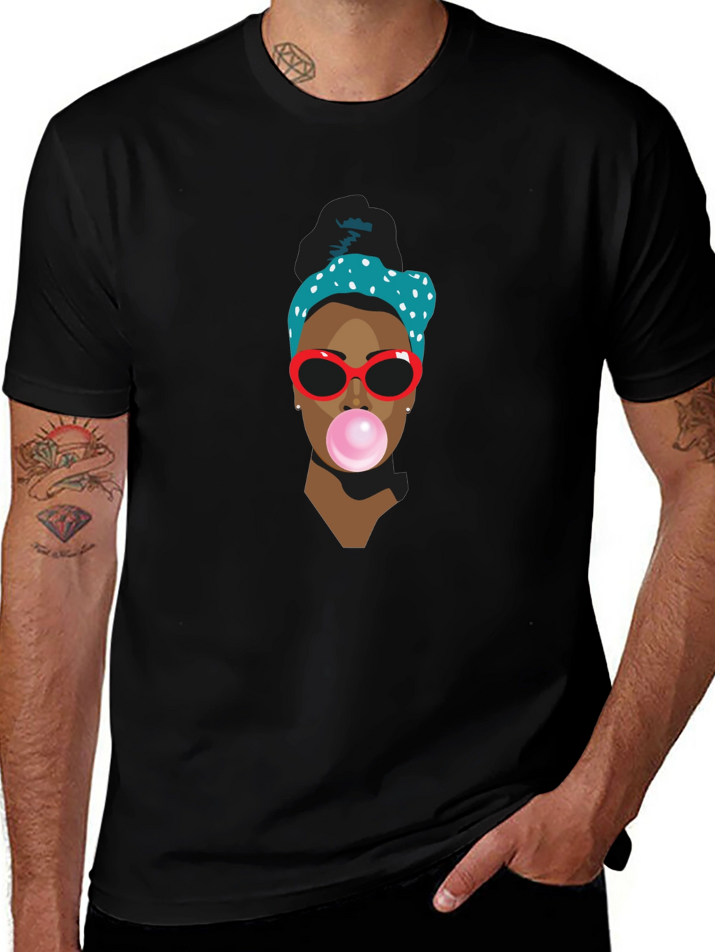 Trendy Black T-Shirt with Bubble Gum Girl Design