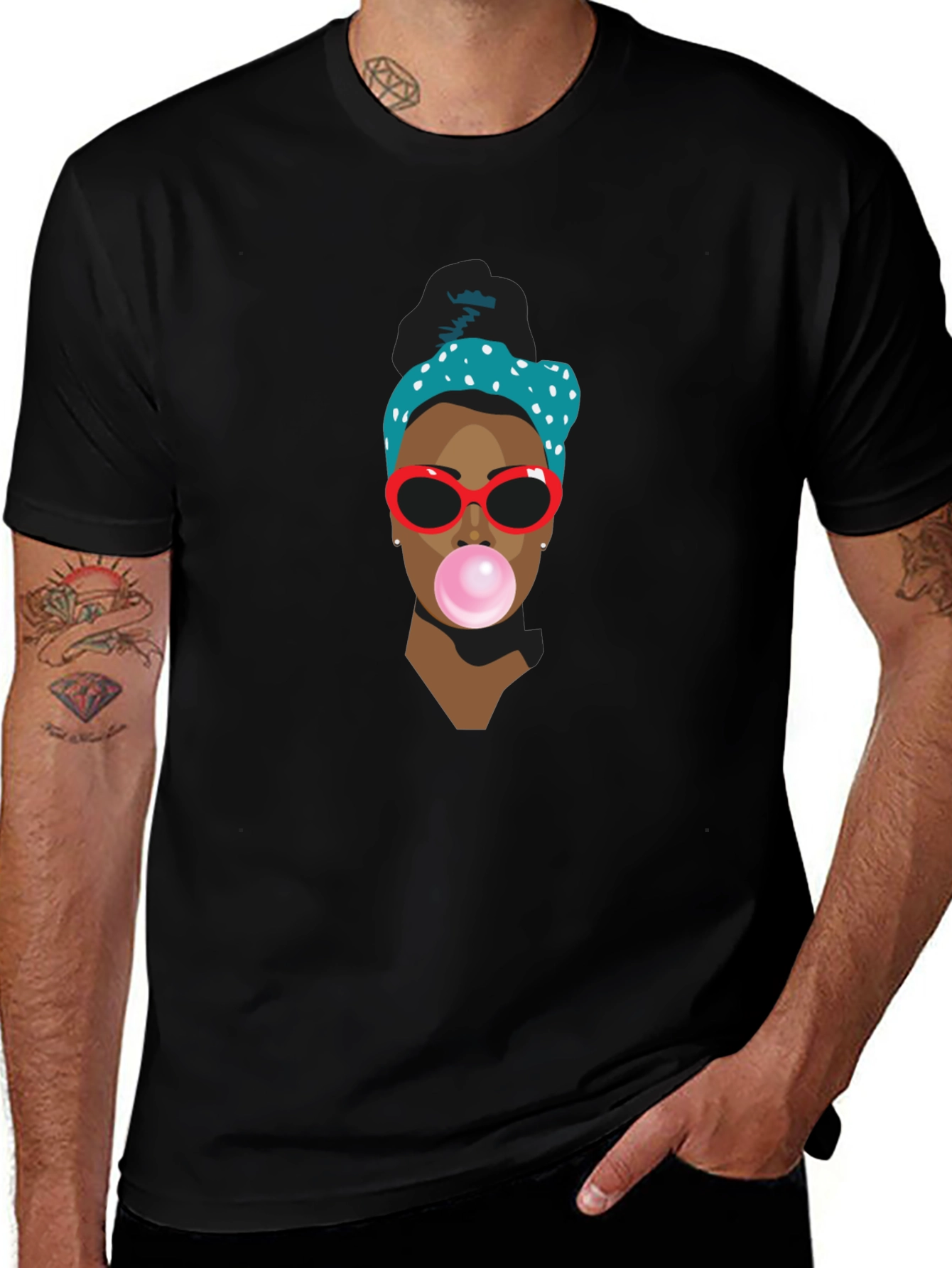 Trendy Black T-Shirt with Bubble Gum Girl Design