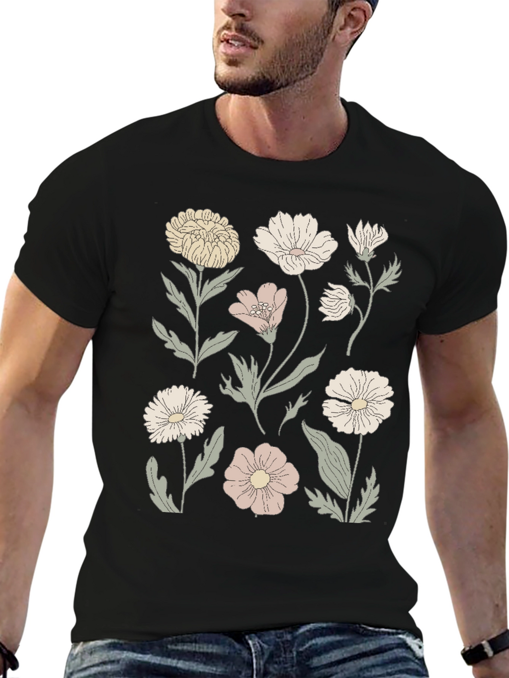 Floral Print Graphic Tee - Mens Black T-Shirt