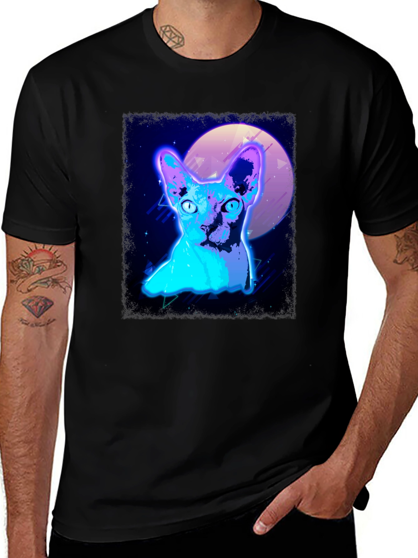 Retro Synthwave Cat Graphic Tee - Black T-Shirt
