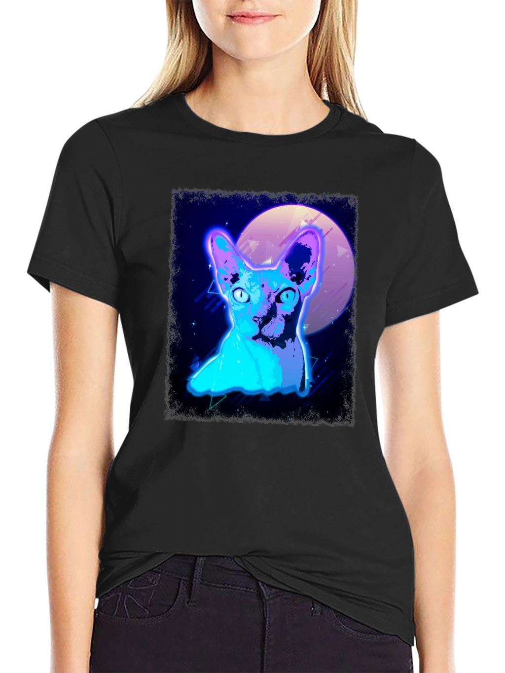 Retro Synthwave Cat Graphic Tee - Black T-Shirt