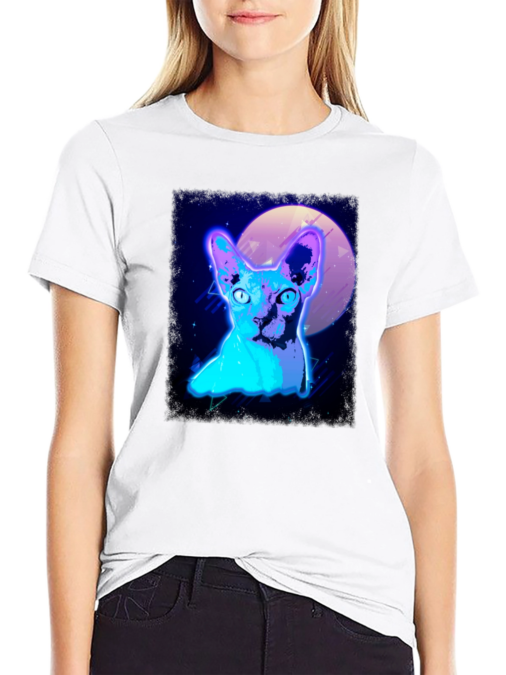 Retro Synthwave Cat Graphic Tee - Black T-Shirt