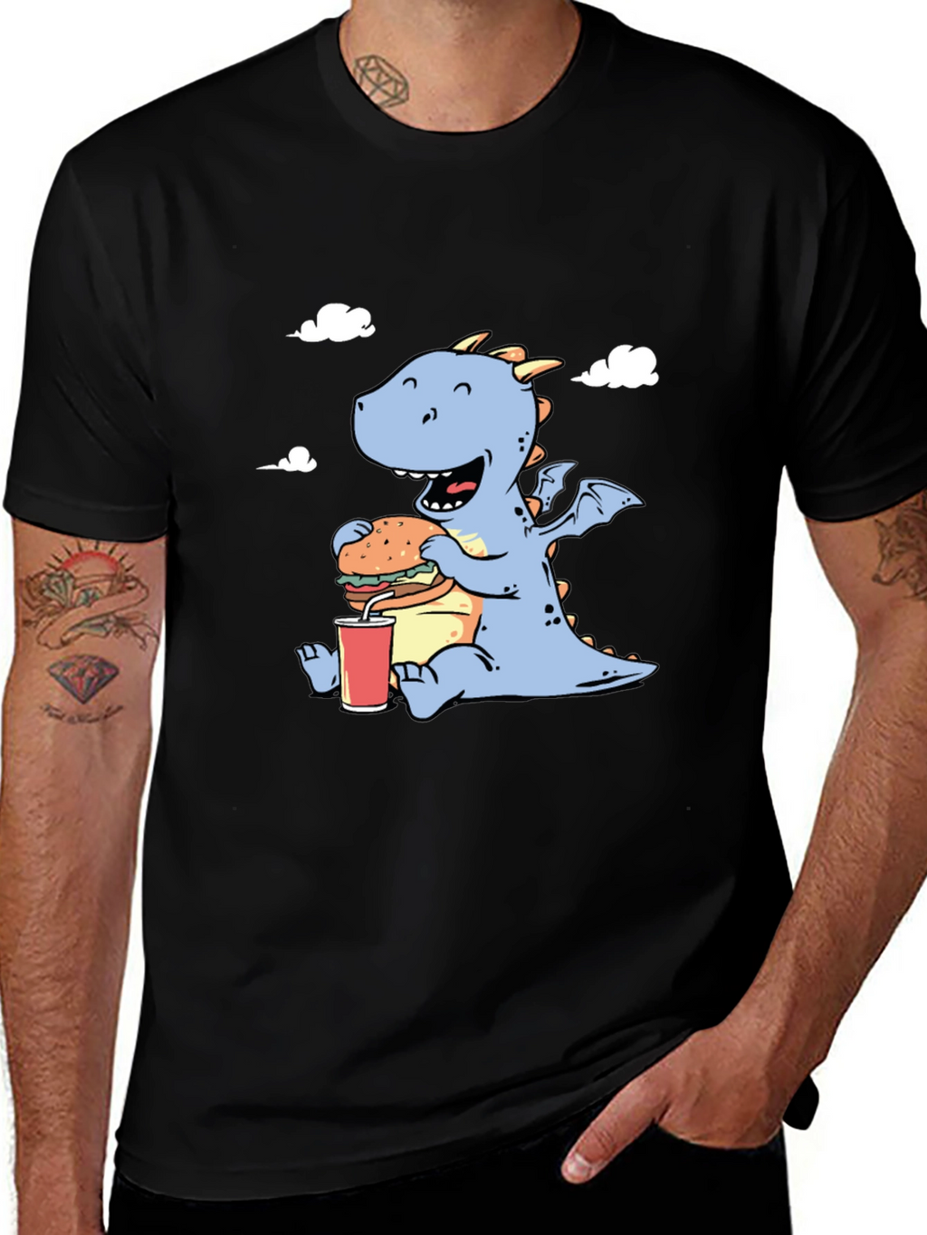Funny Dragon Eating Burger Graphic T-Shirt