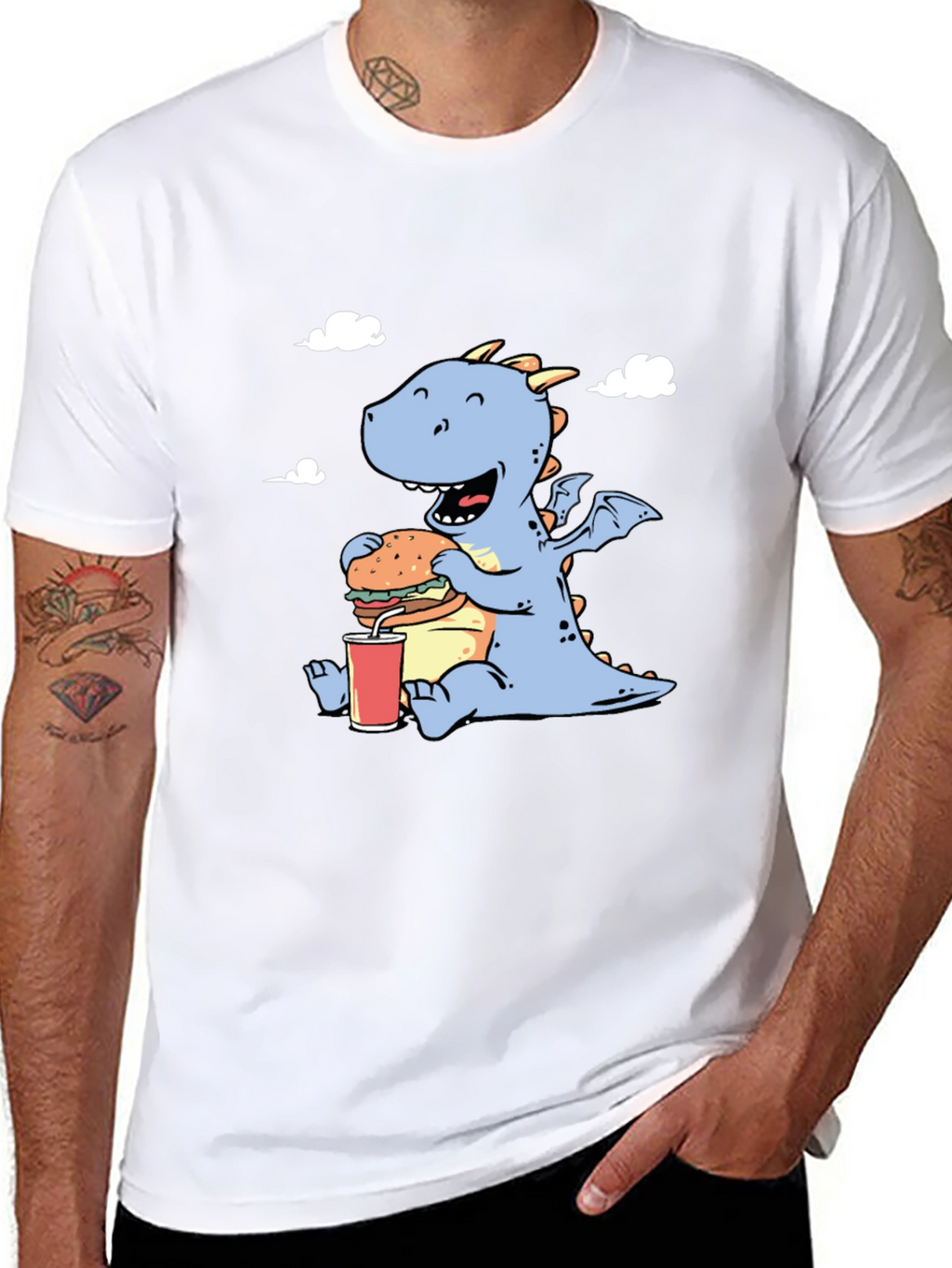 Funny Dragon Eating Burger Graphic T-Shirt