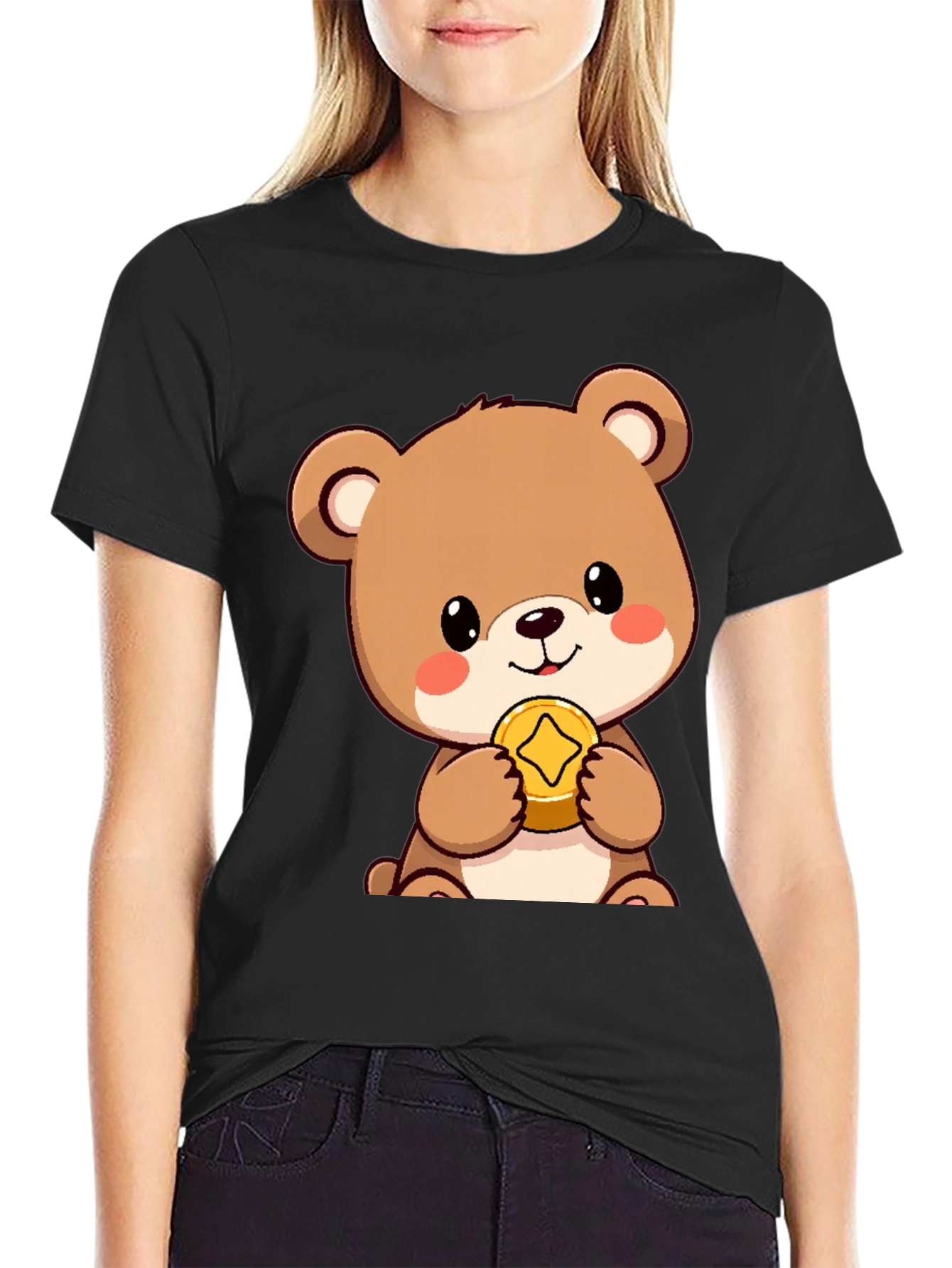 Cute Bear with Coin Black T-Shirt