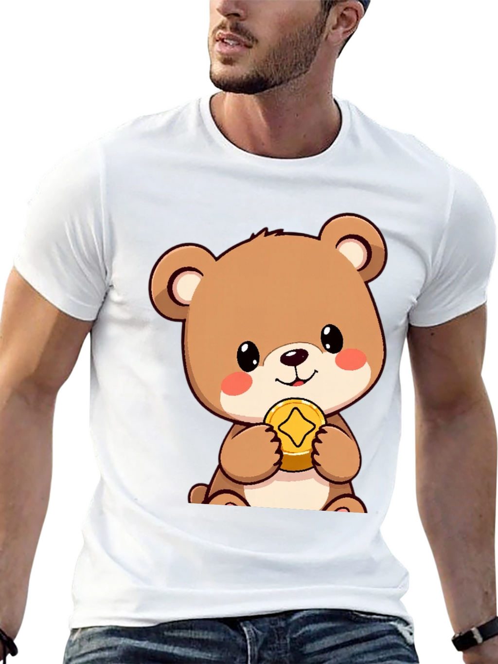 Cute Bear with Coin Black T-Shirt