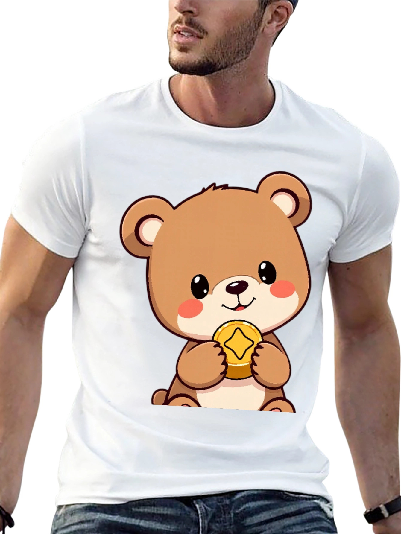 Cute Bear with Coin Black T-Shirt