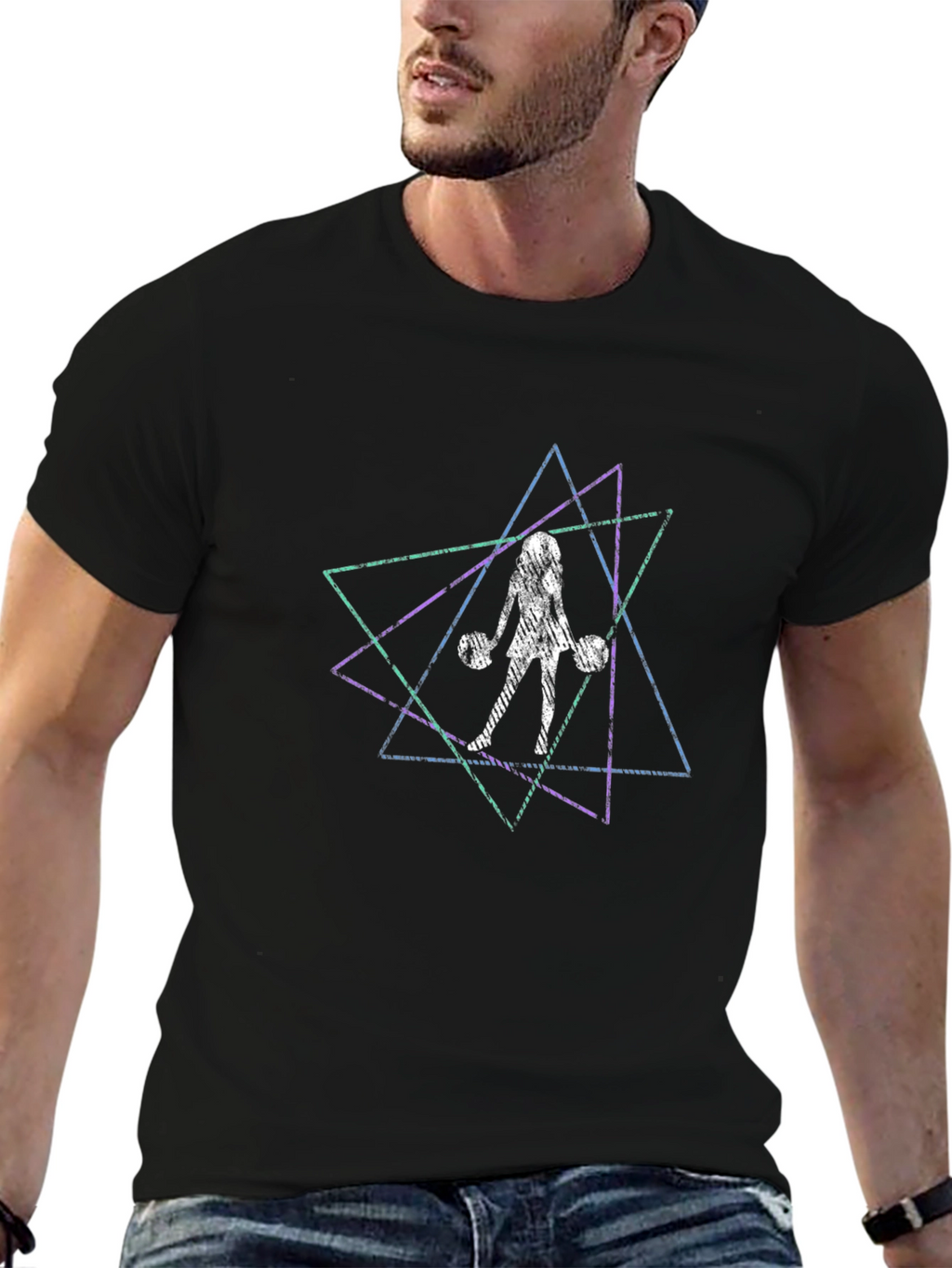 Geometric Weightlifter Graphic Tee - Black Cotton T-Shirt