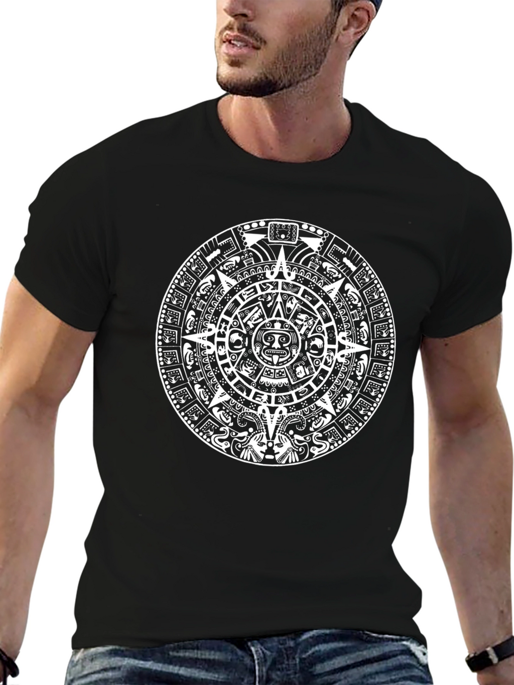 Aztec Calendar Graphic Print Black T-Shirt