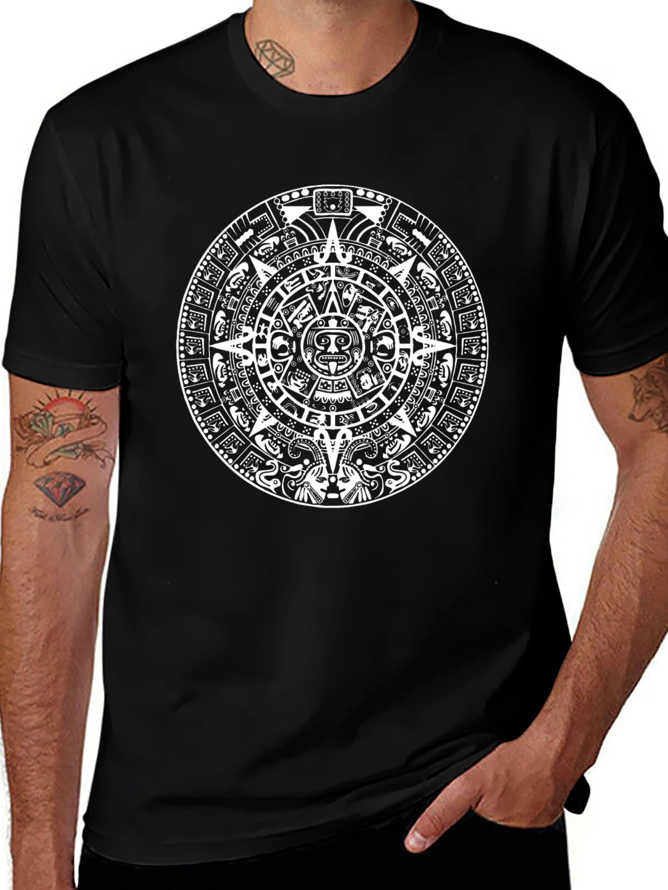 Aztec Calendar Graphic Print Black T-Shirt