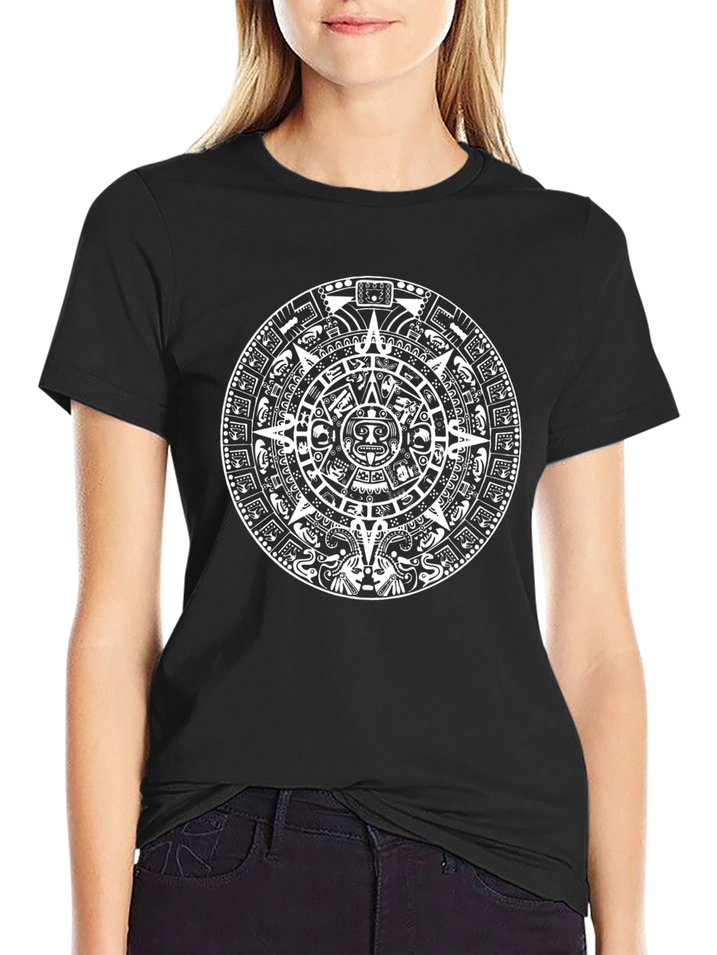 Aztec Calendar Graphic Print Black T-Shirt