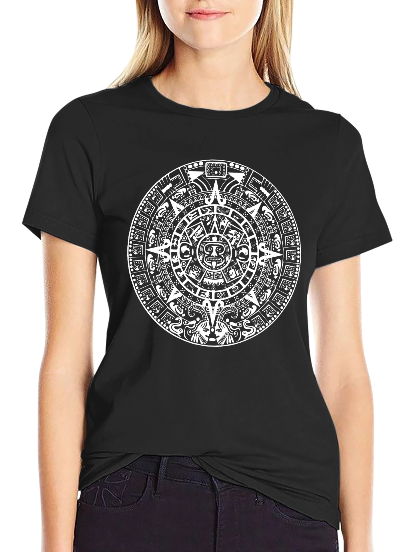 Aztec Calendar Graphic Print Black T-Shirt