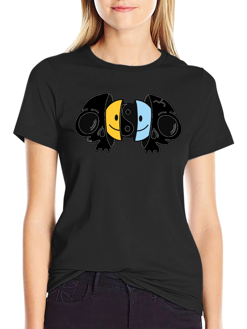 Yin Yang Skull Smiley Face Graphic T-Shirt