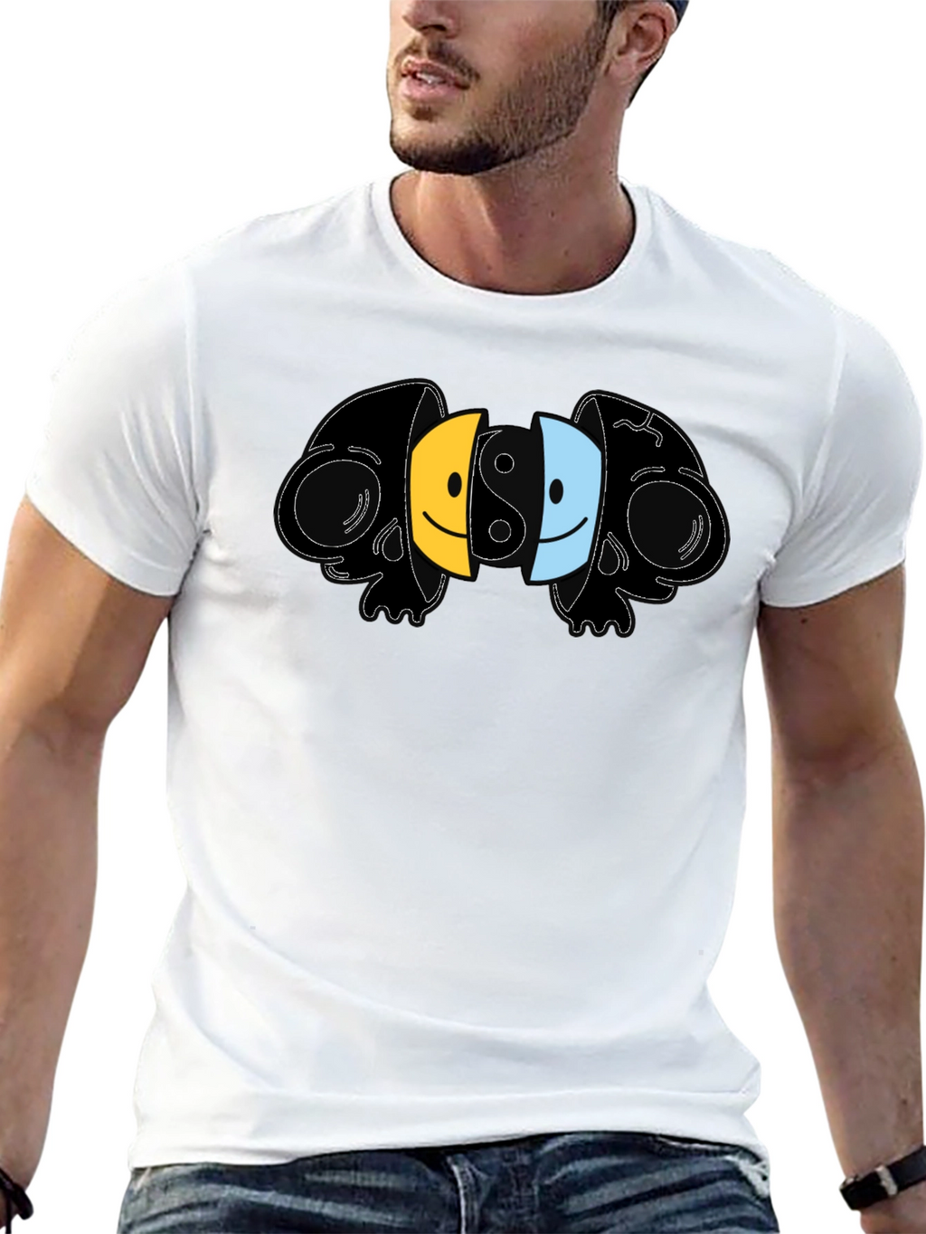 Yin Yang Skull Smiley Face Graphic T-Shirt
