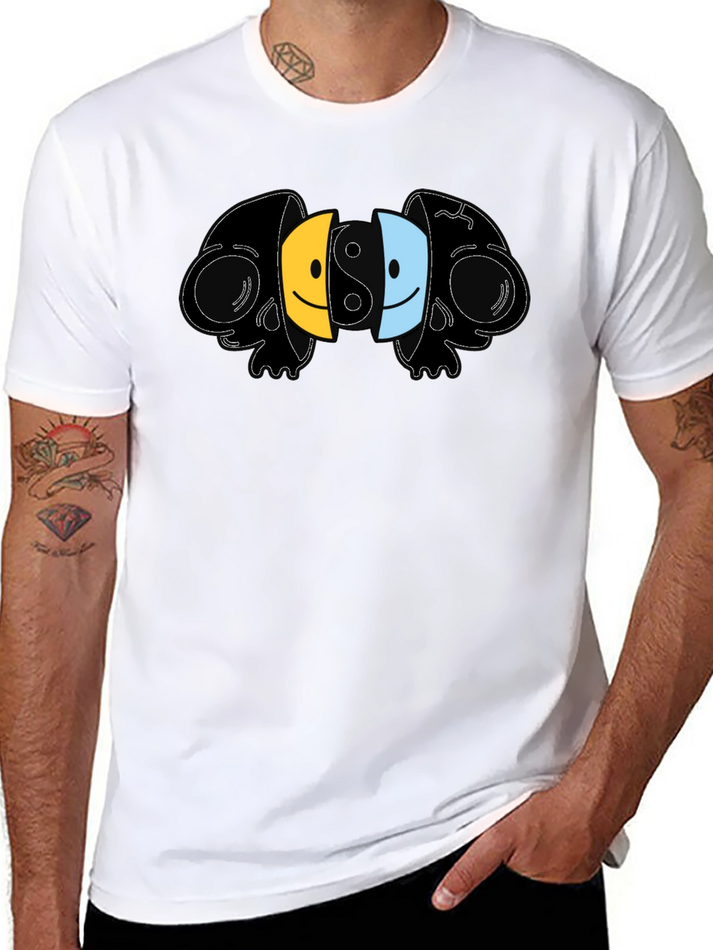 Yin Yang Skull Smiley Face Graphic T-Shirt