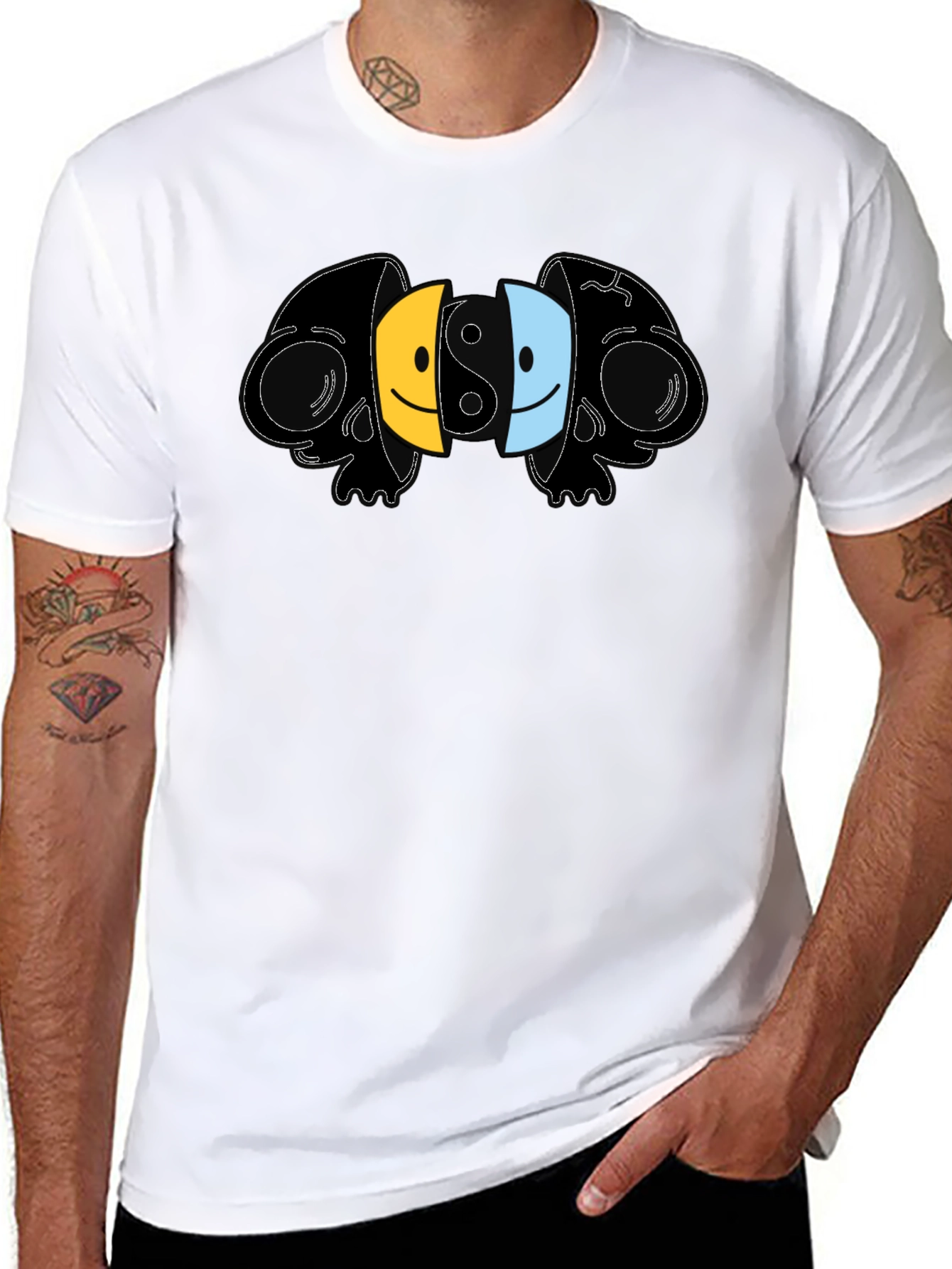 Yin Yang Skull Smiley Face Graphic T-Shirt