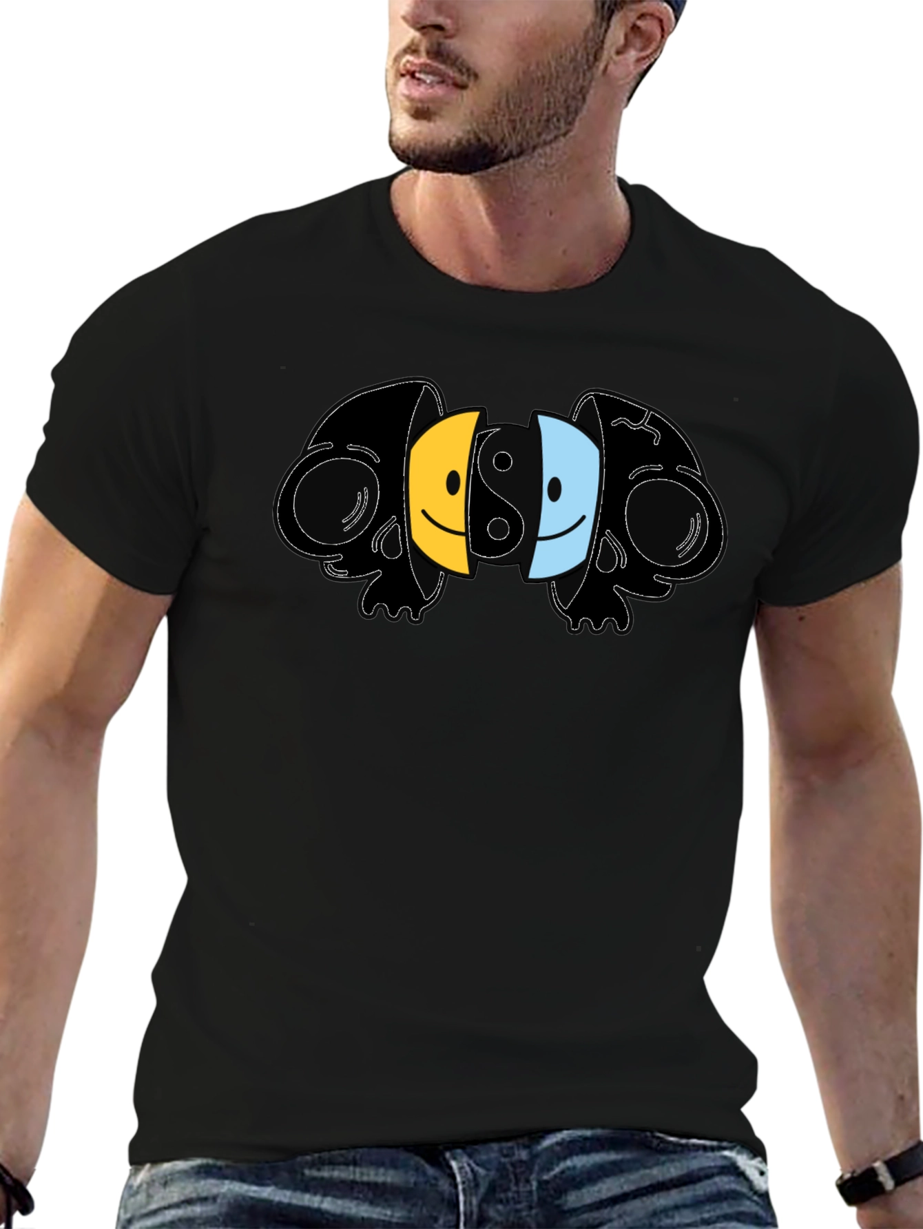 Yin Yang Skull Smiley Face Graphic T-Shirt
