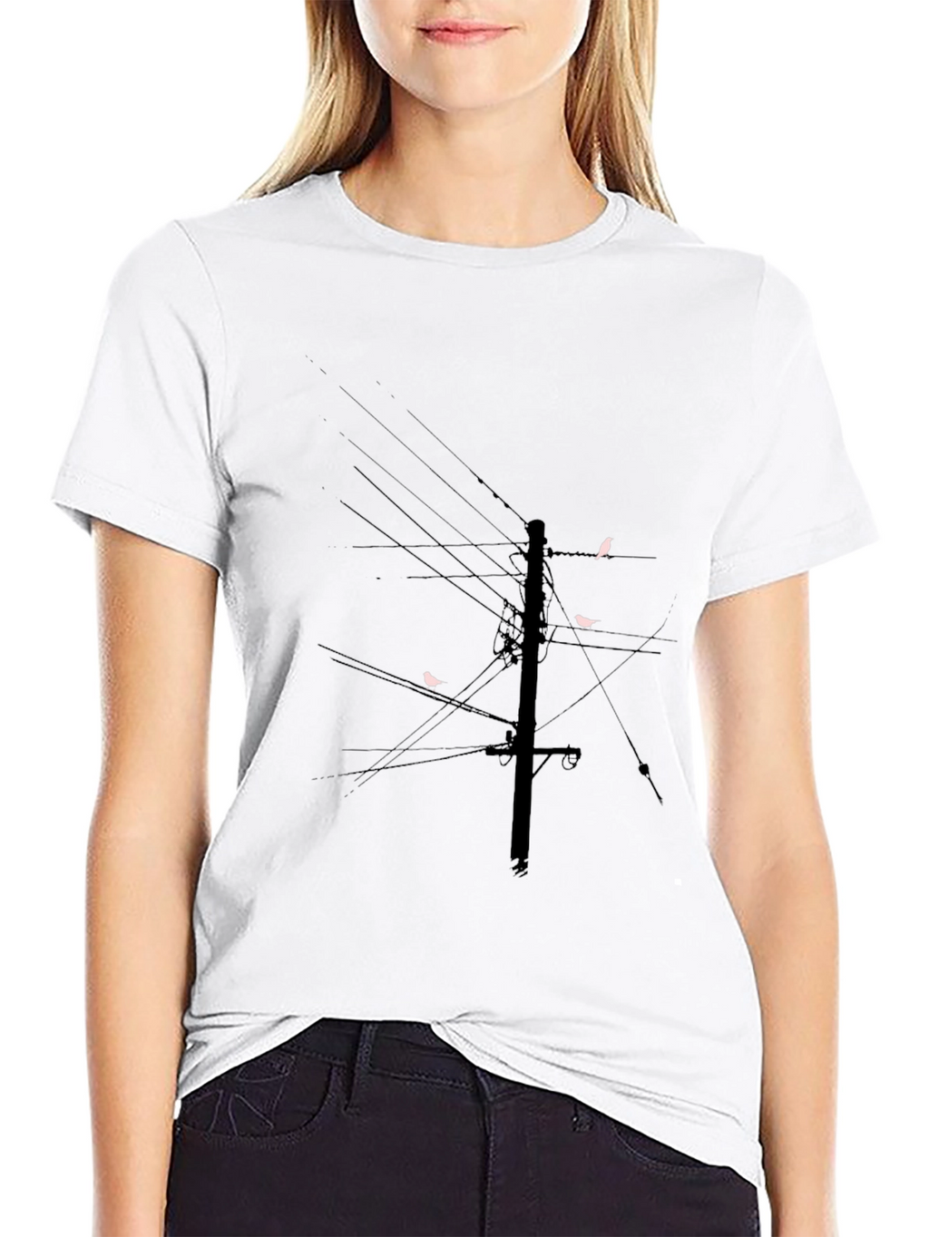 Modern Black T-Shirt with Bird on Wire Graphic