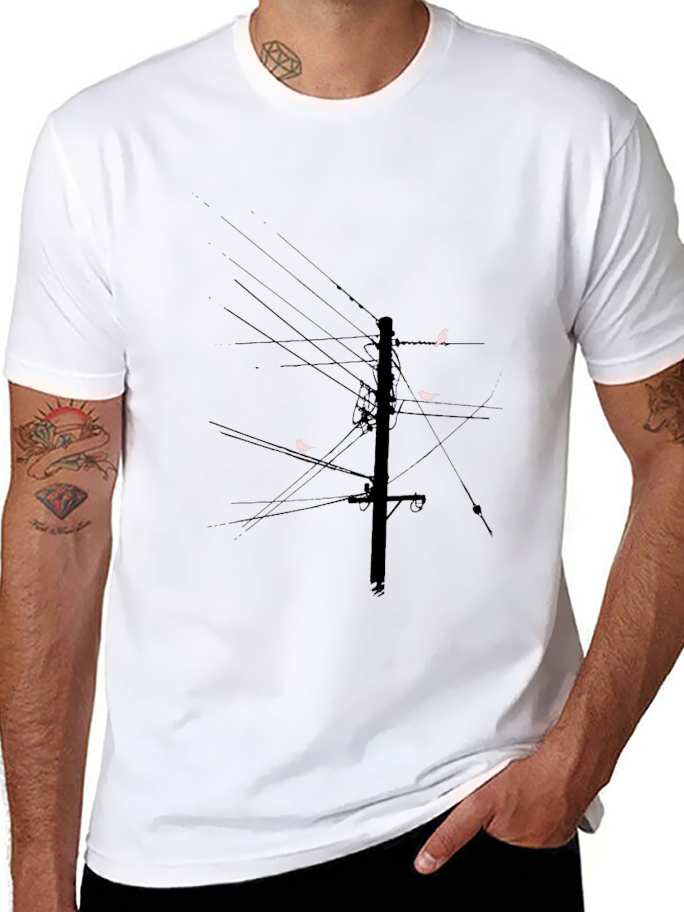 Modern Black T-Shirt with Bird on Wire Graphic