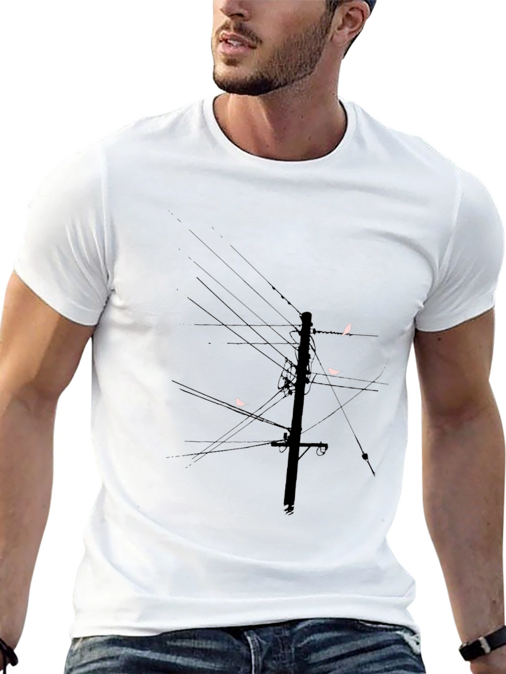 Modern Black T-Shirt with Bird on Wire Graphic
