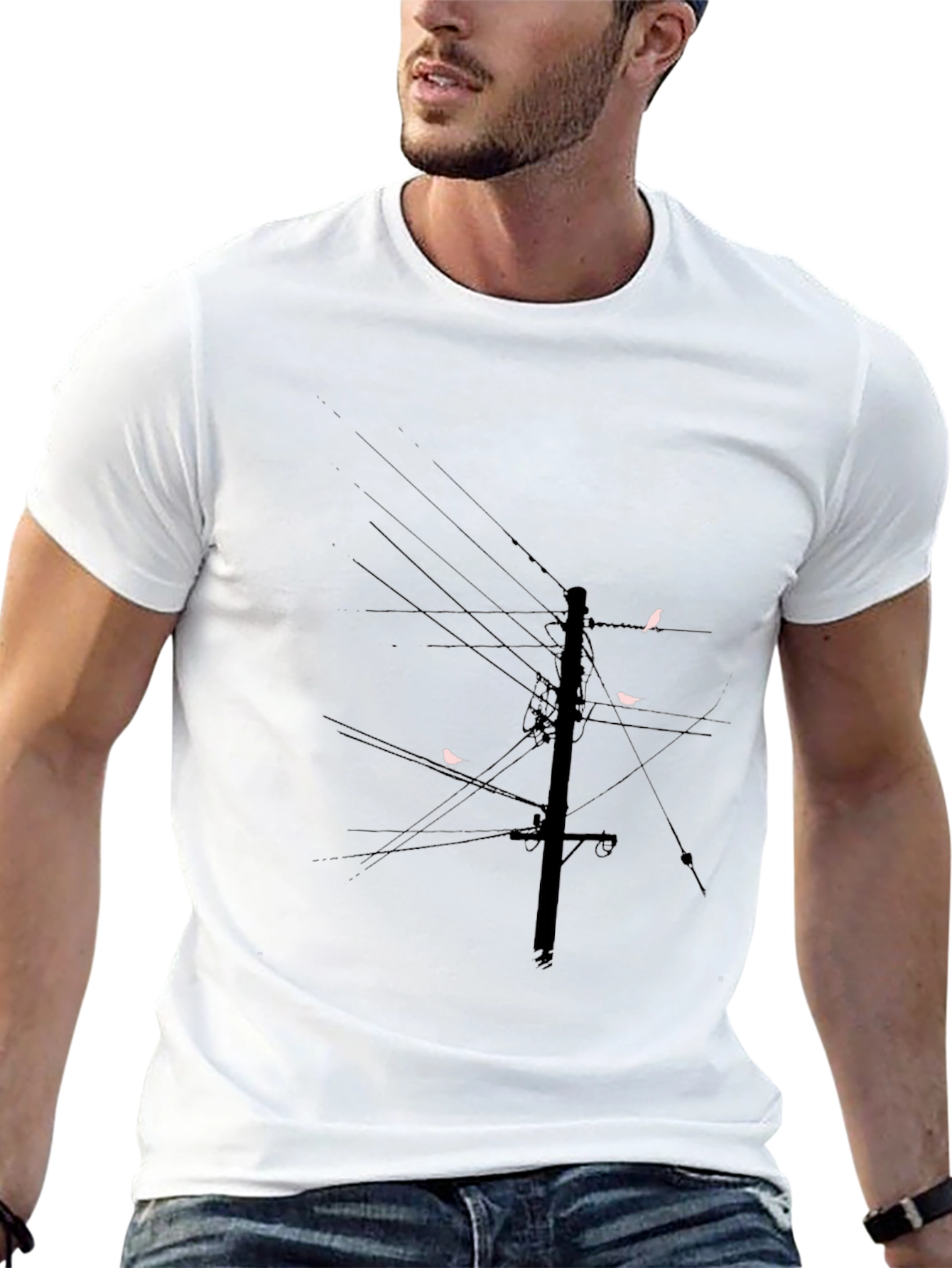 Modern Black T-Shirt with Bird on Wire Graphic