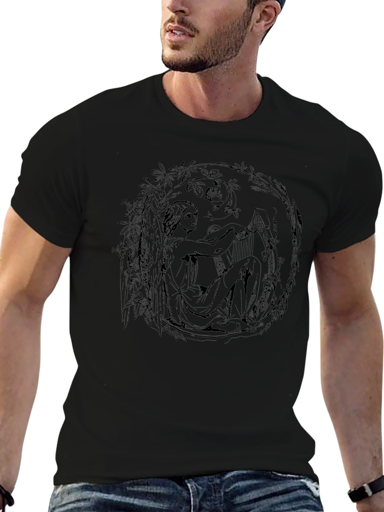 Art Nouveau Harpist Black T-Shirt