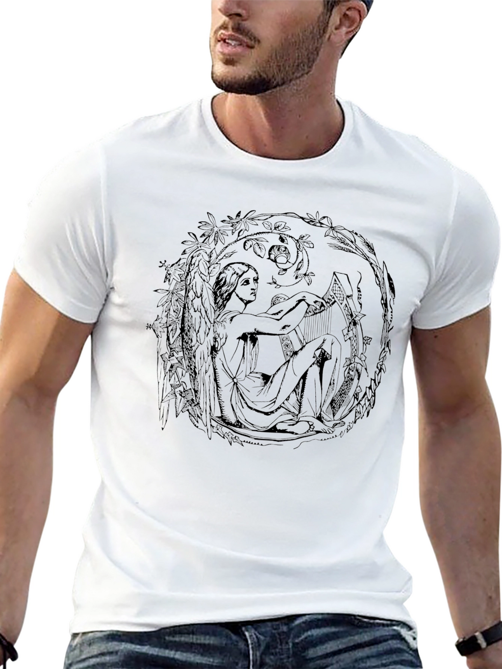 Art Nouveau Harpist Black T-Shirt