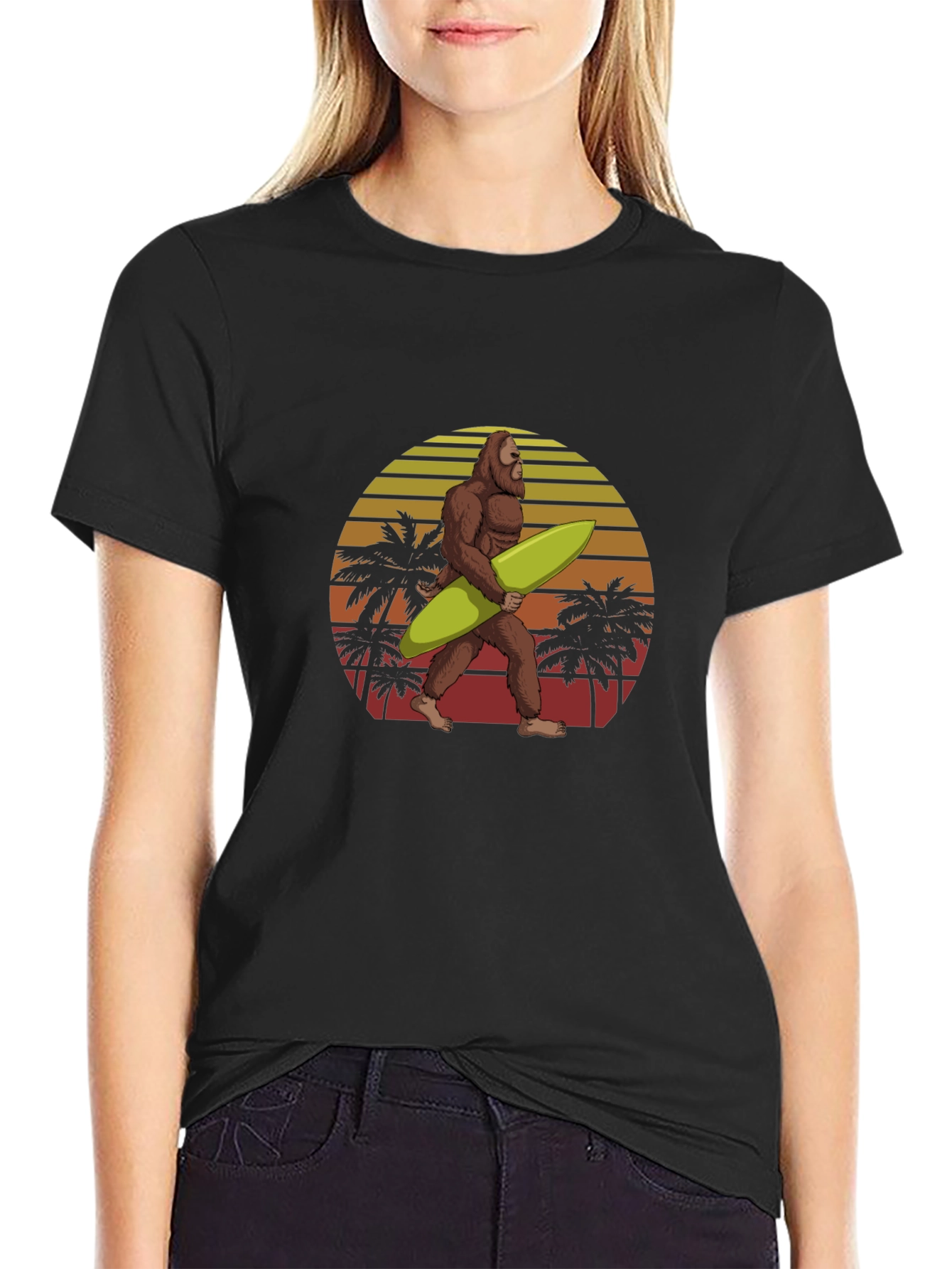 Bigfoot Surfing Sunset Graphic Tee - Black