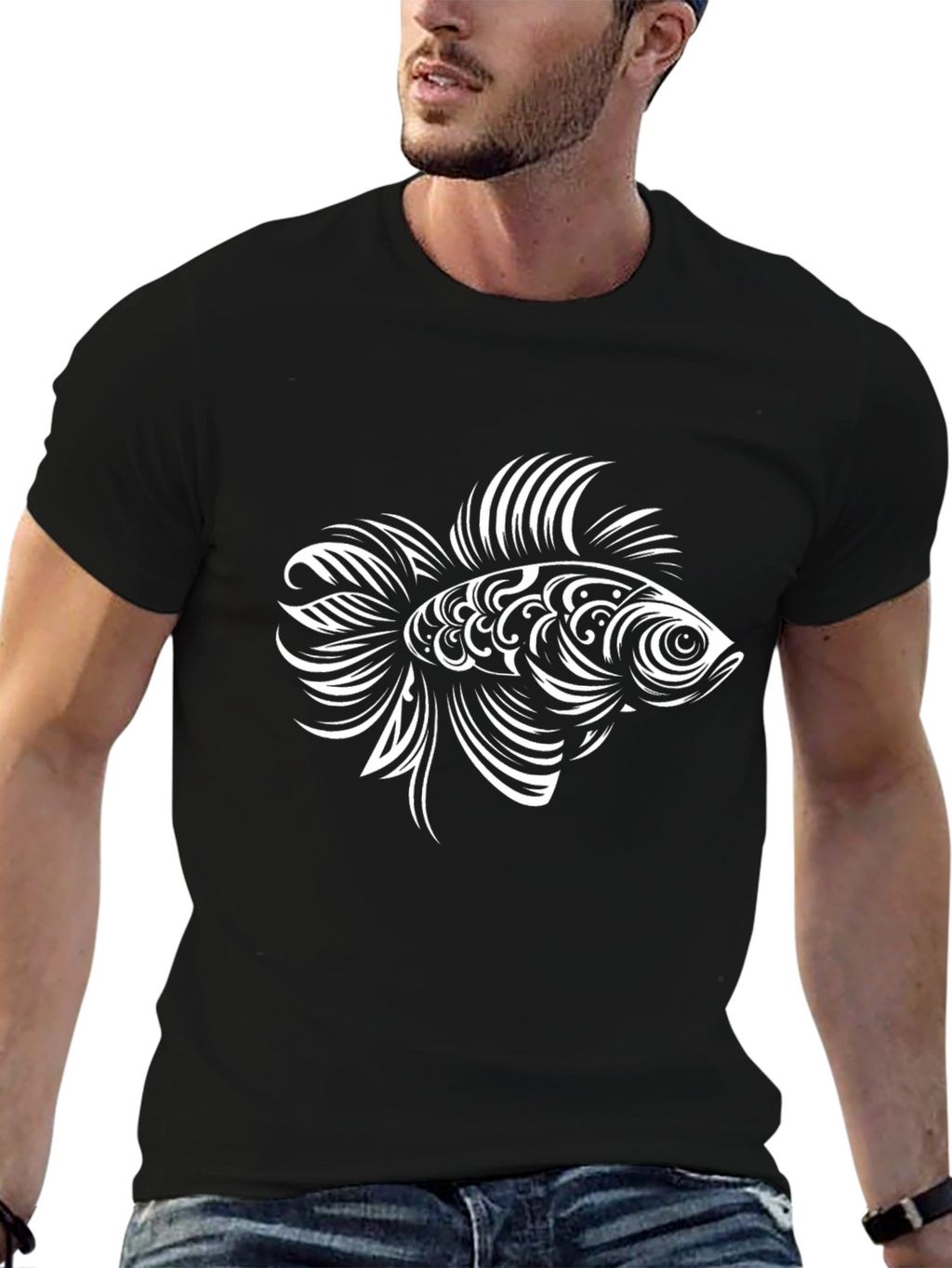 Tribal Fish Graphic Black T-Shirt