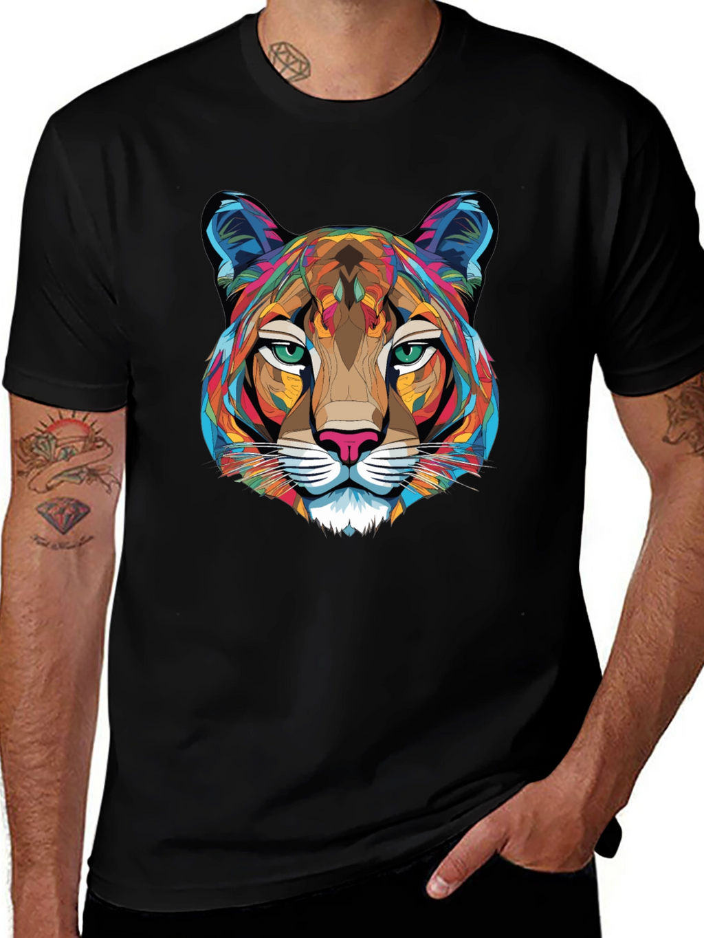 Geometric Cougar Graphic T-Shirt - Mens Black Tee