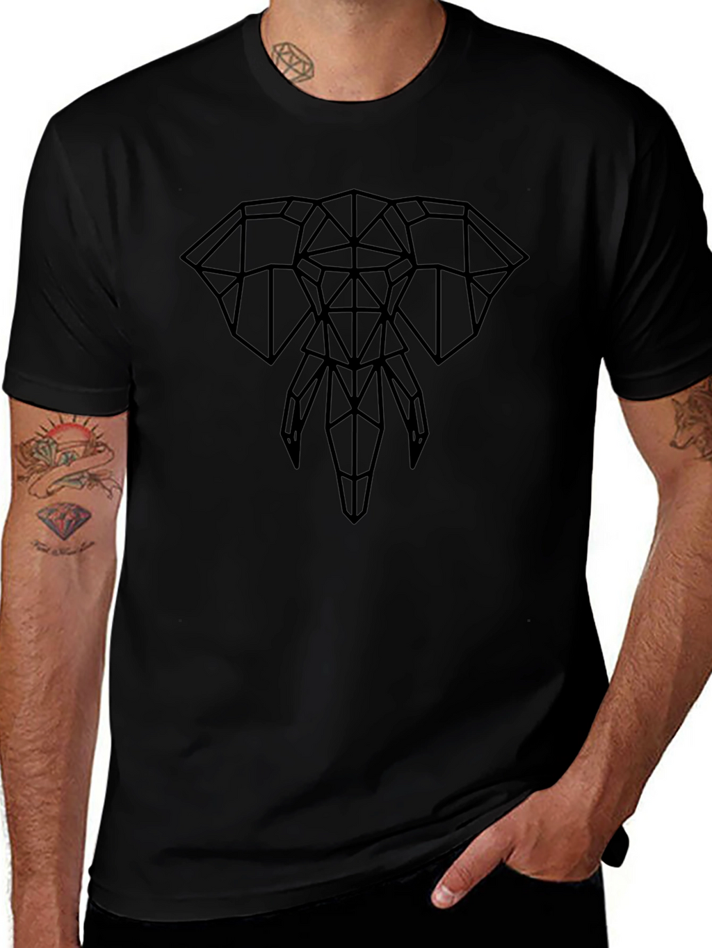 Geometric Elephant Graphic T-Shirt - Black